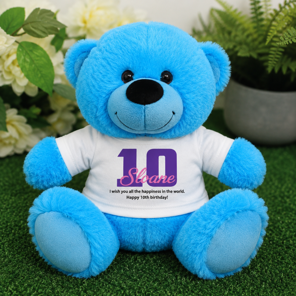 Bright Blue Bear 40cm β 10th Birthday Personalised Shirt