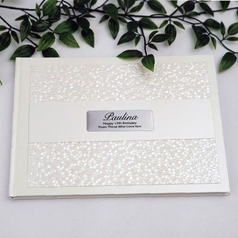 13th Birthday Personalised Cream Pebble Guest Book with Custom Plaque