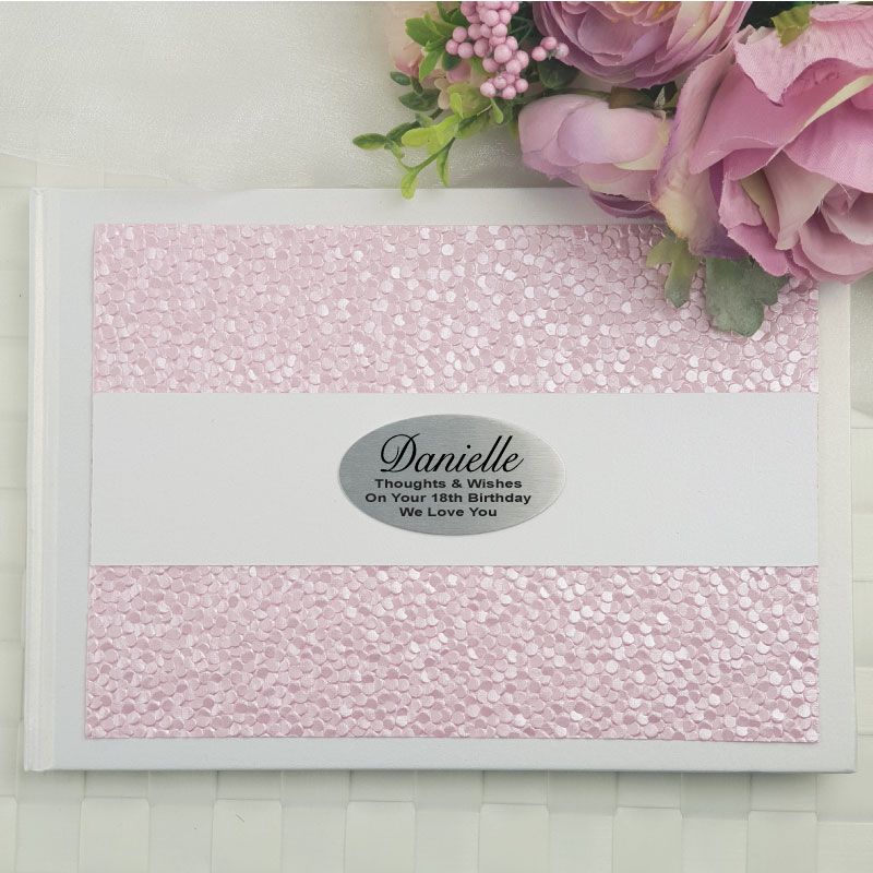 18th Birthday Personalised White Pink Pebble Guest Book with Custom Plaque
