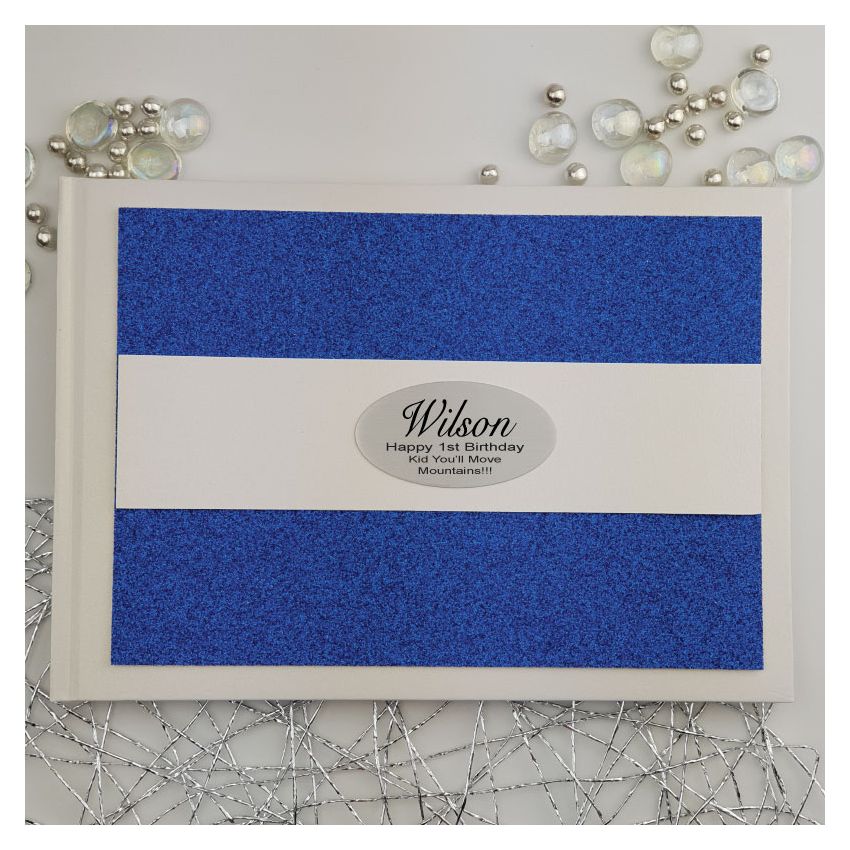 Personalised First Birthday Memory Book and Guest Book A5 White Book with Blue Glitt