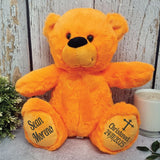 Personalised 40cm Orange Bear for Christening with Message on Feet