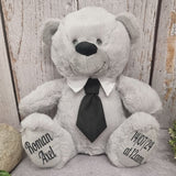 30cm Silver Bear with Black Tie for Baby Boy with Personalised Message on Feet