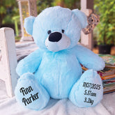 30cm Light Blue Bear Baby New Born Personalised Message on Feet