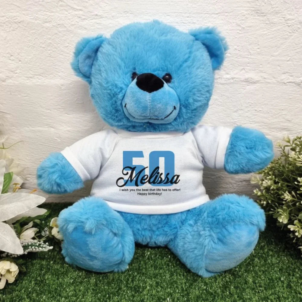 Bright Blue Bear 40cm 50th Birthday Message on Shirt