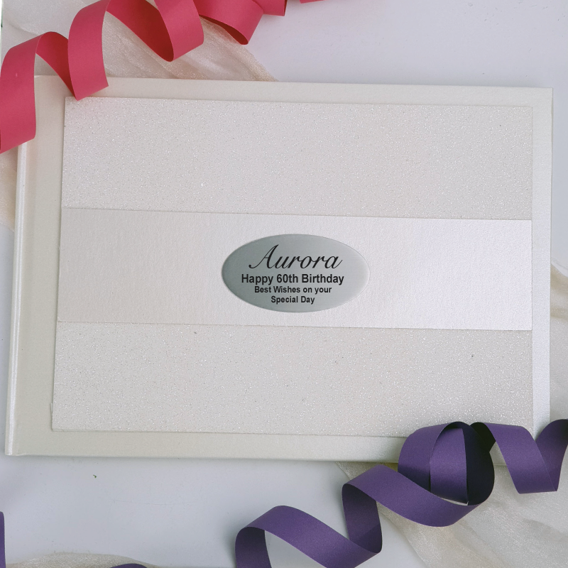 60th Birthday Personalised Cream Glitter Guest Book with Custom Plaque