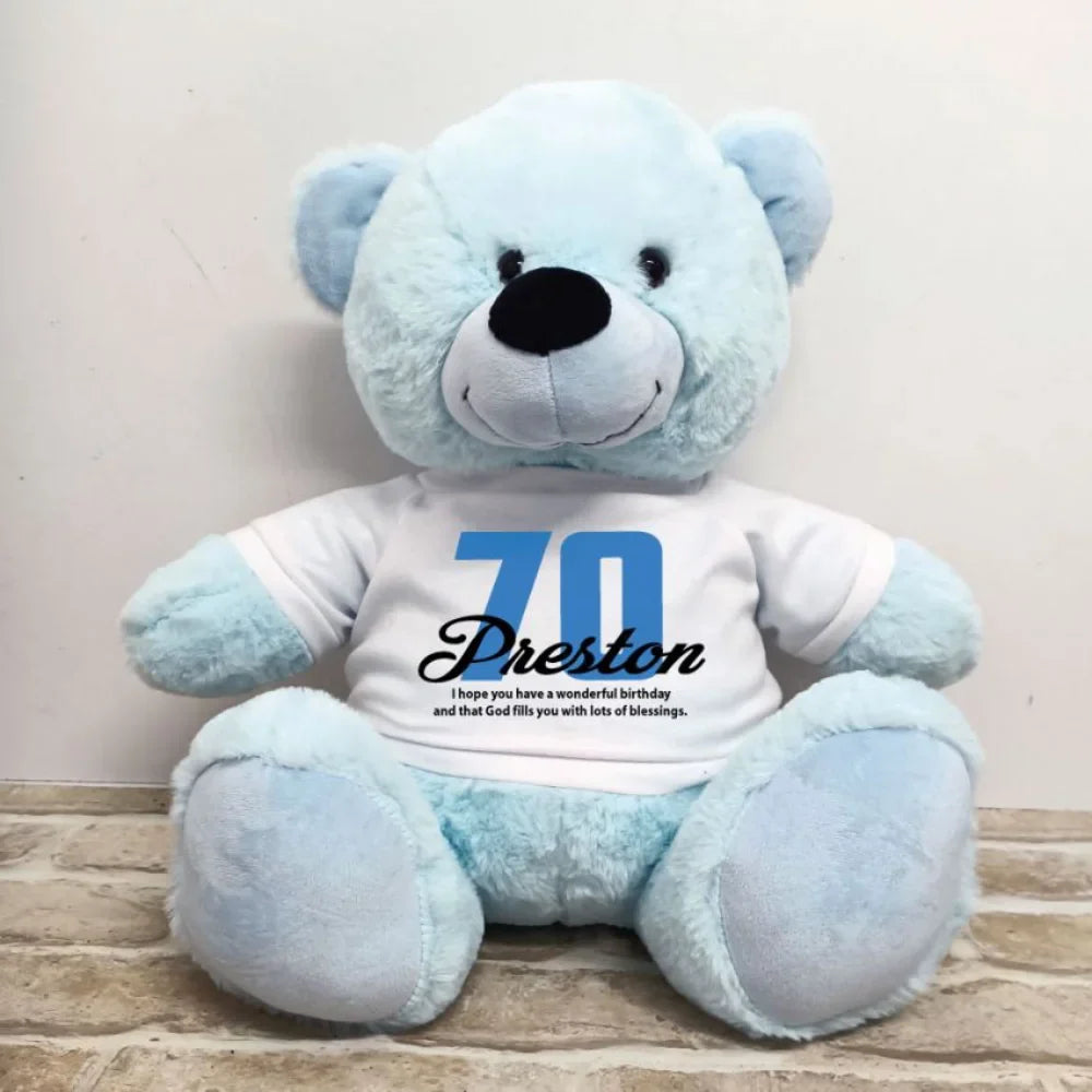 Light Blue Bear 40cm – 70th Birthday Message on Shirt