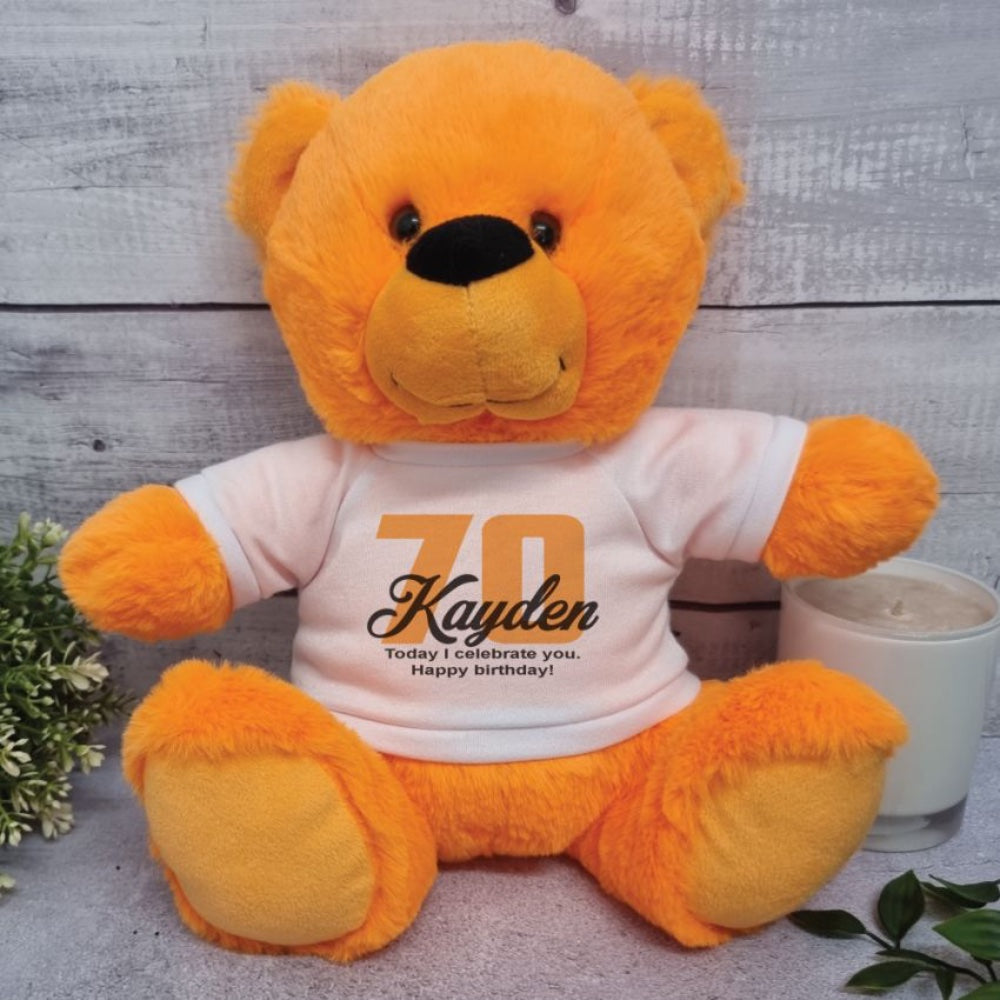 40cm Orange Bear 70th Birthday Personalised Shirt