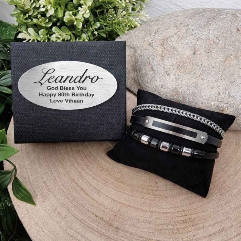 80th Birthday Multilayer Leather and Steel Bracelet