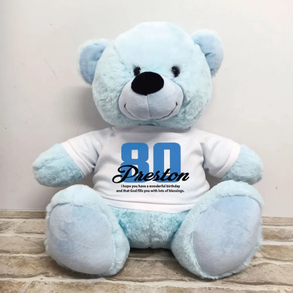 Light Blue Bear 40cm 80th Birthday Message on Shirt