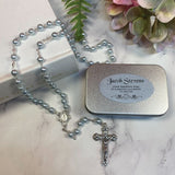 Personalised Blue Pearl Rosary Beads Baptism Gift Box with Plaque