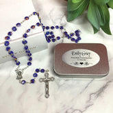 Personalised Blue Murano Rosary Beads Holy Communion Gift Box with Plaque