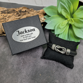 Black Leather Forever Linked Together Silver Knot Bracelet with Custom Message Plaque