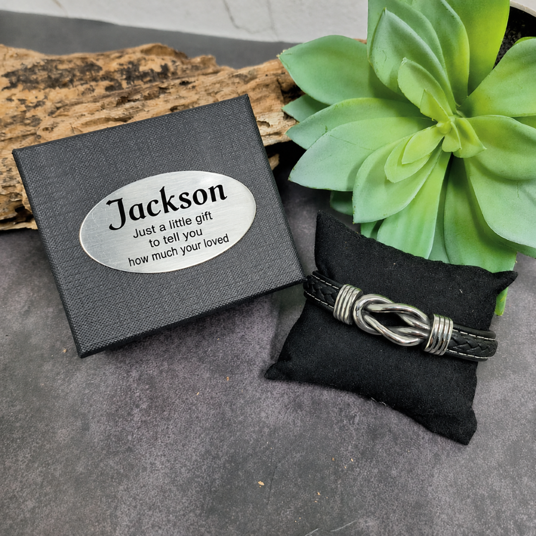 Black Leather Forever Linked Together Silver Knot Bracelet with Custom Message Plaque