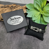 Black Leather Forever Linked Together Silver Knot Bracelet with Custom Message Plaque
