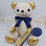 Signature Bear Gold Accents/Blue Bow 100th Birthday with Personalised Badge