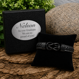 Graduation Personalised Black Knot Black Leather Forever Linked Together Bracelet Gift Box