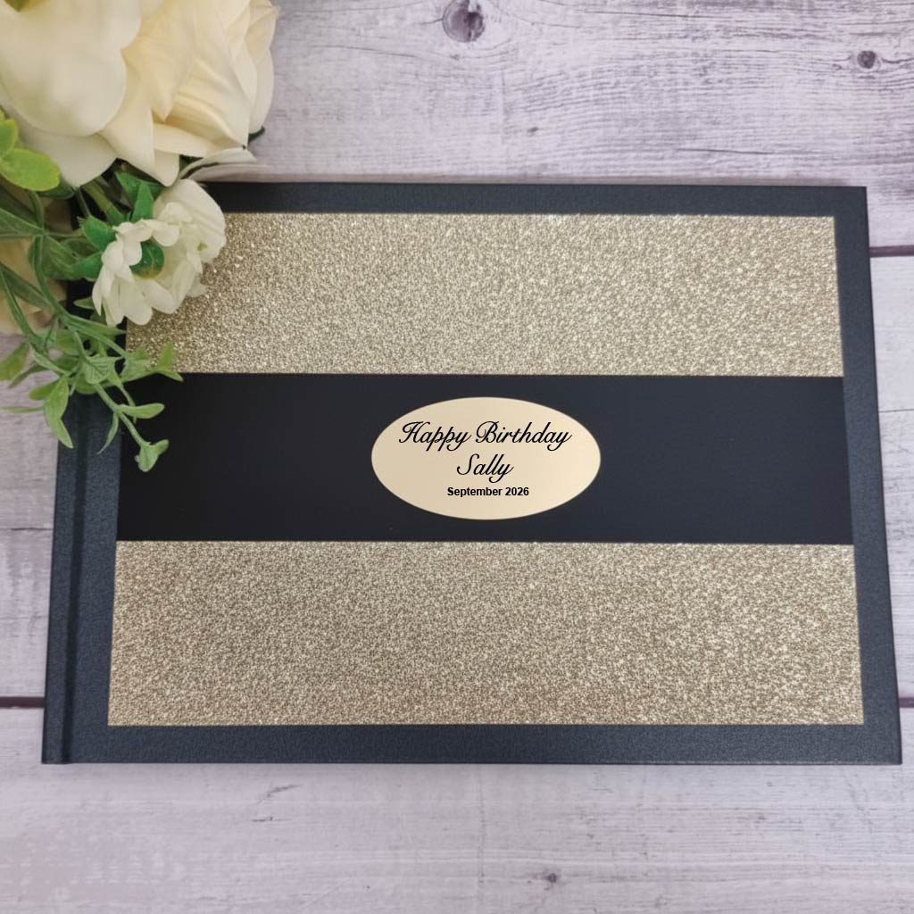 Personalised A5 Gold Glitter Black Band Birthday Guest Book