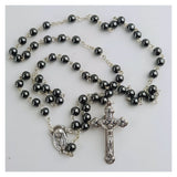 Personalised Hematite Rosary Beads Christening Gift Box with Plaque