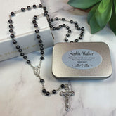 Personalised Hematite Rosary Beads Holy Communion Gift Box with Plaque