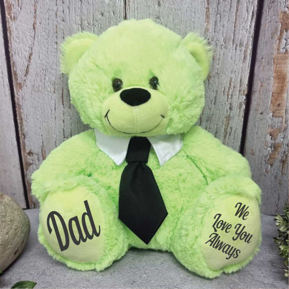 Personalised Lime Bear 30cm with Black Tie for Dad – Message on Feet