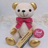 Signature Bear 70th Birthday Gold Ears/Pink Bow with Personalised Badge