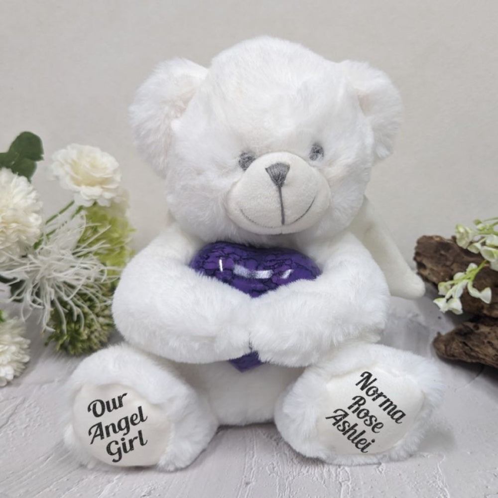 23cm Angel Memorial Bear with Purple Urn β Message on Feet