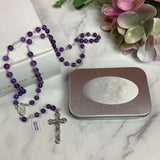 Personalised Amethyst Rosary Beads Gift Box with Plaque for Baptism