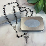 Personalised Hematite Rosary Beads Christening Gift Box with Plaque