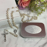 Personalised Pearl Rosary Beads Naming Day Gift Box with Plaque
