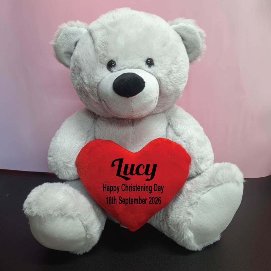 Personalised 40cm Silver Bear for Christening โ Message on Heart