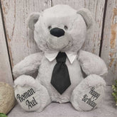 30cm Silver Bear with Black Tie Birthday Message on Feet