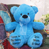Bright Blue Bear 30cm 1st Birthday Personalised Message on Feet