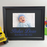 Personalised new baby 6x4 landscape black photo frame with glitter vinyl message – image 1