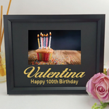 Personalised 100th Birthday 6x4 Landscape Black Photo Frame with Glitter Vinyl Message
