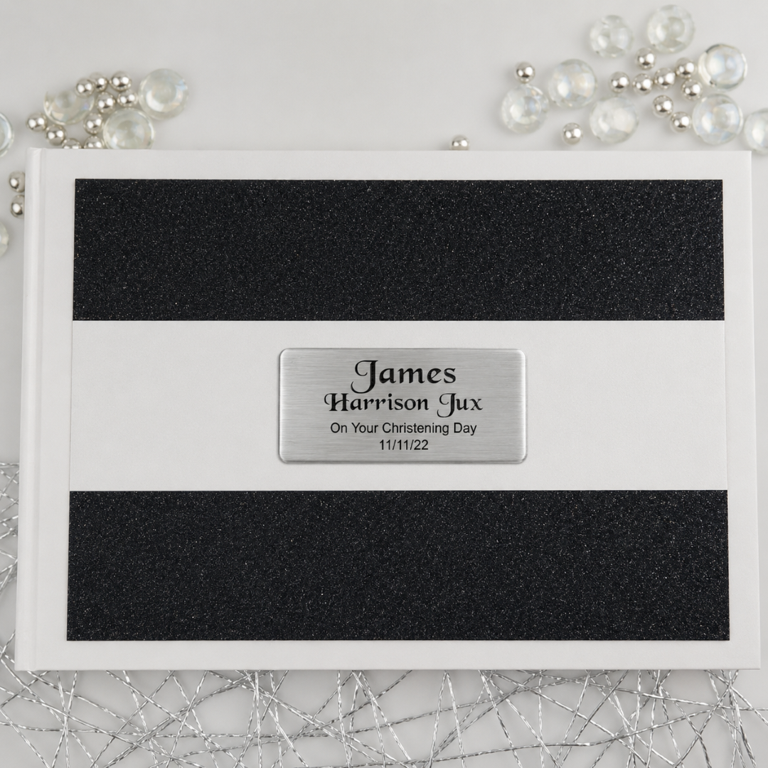 Personalised Christening White Black Glitter Guest Book with Custom Plaque