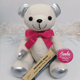 Signature Bear 18th Birthday Personalised Badge Silver Accents/Pink Bow