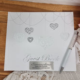Personalised Guest Book White with Silver Hearts 22x19.5cm – 40th Birthday