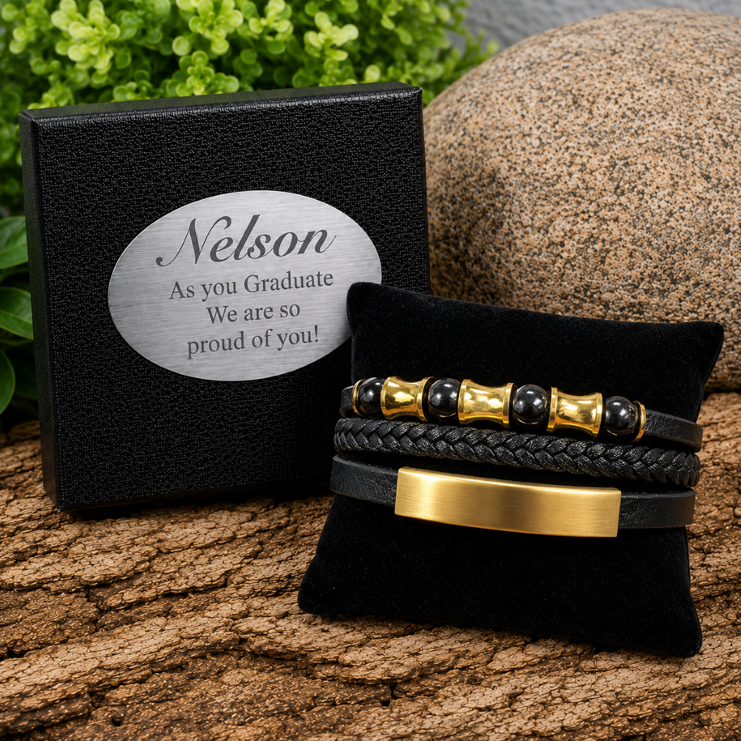 Graduation Personalised Gold Multilayer with Black Leather Bracelet Gift Box