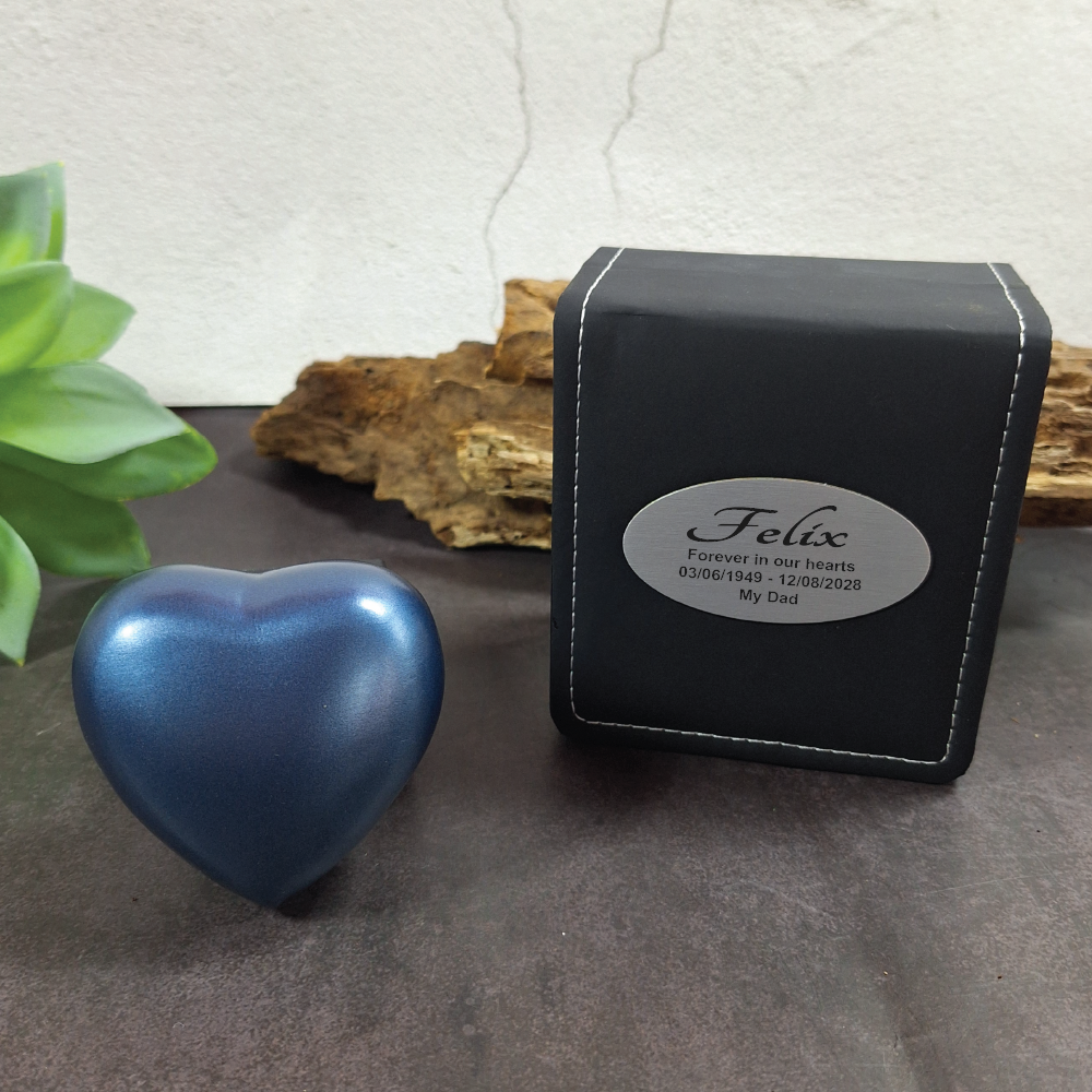 Memorial Heart Blue Urn 70mm for Cremation Ash with Plaque Message