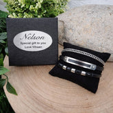 Multilayer Leather and Steel Bracelet with Custom Message Plaque