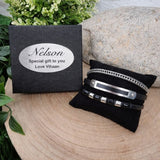 Multilayer Leather and Steel Bracelet with Custom Message Plaque