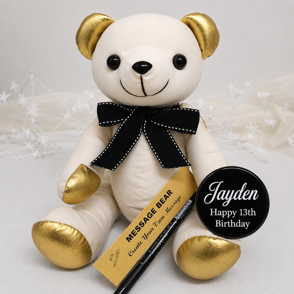 Signature Bear 13th Birthday Personalised Badge Gold Ears and Feet/Black Bow