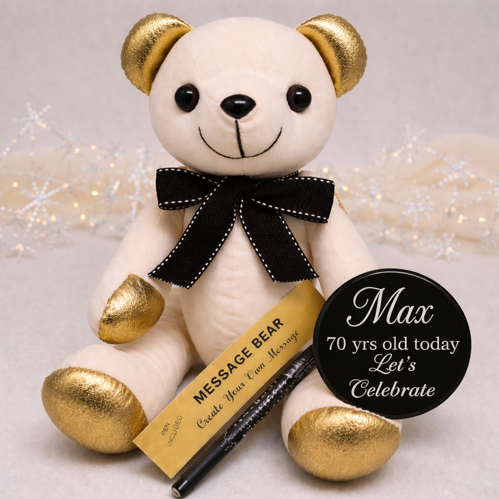 Signature Bear 70th Birthday Personalised Badge Gold Ears and Feet/Black Bow