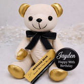 Signature Bear 90th Birthday Personalised Badge Gold Ears and Feet/Black Bow
