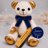 Signature Bear Gold Accents/Blue Bow 50th Birthday with Personalised Birthday Badge