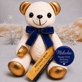 Signature Bear 80th Birthday Personalised Badge Gold Accents/Blue Bow
