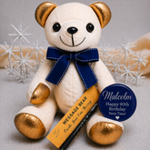 Signature Bear 90th Birthday Personalised Badge Gold Accents/Blue Bow