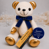 Signature Bear Gold Ears & Feet Blue Bow Holy Communion Badge