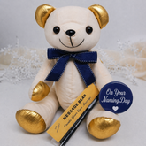 Signature Bear Gold Accents/Blue Bow Naming Day Personalised Badge