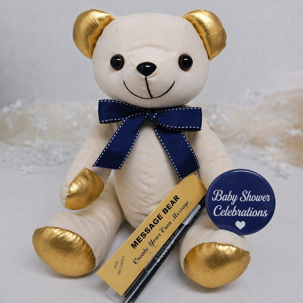 Signature Bear Gold Ears and Feet Blue Bow Baby Shower with Personalised Badge